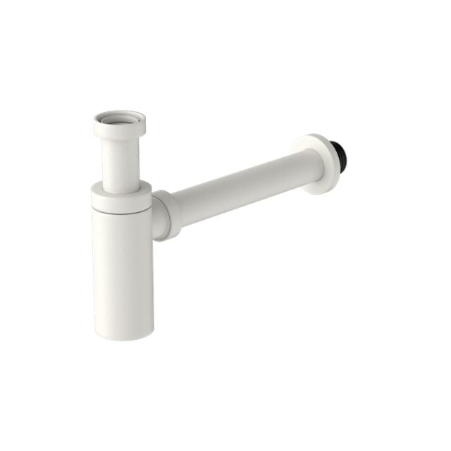 Nero 40mm round bottle trap in matte white, wall-hung basin waste trap, side view