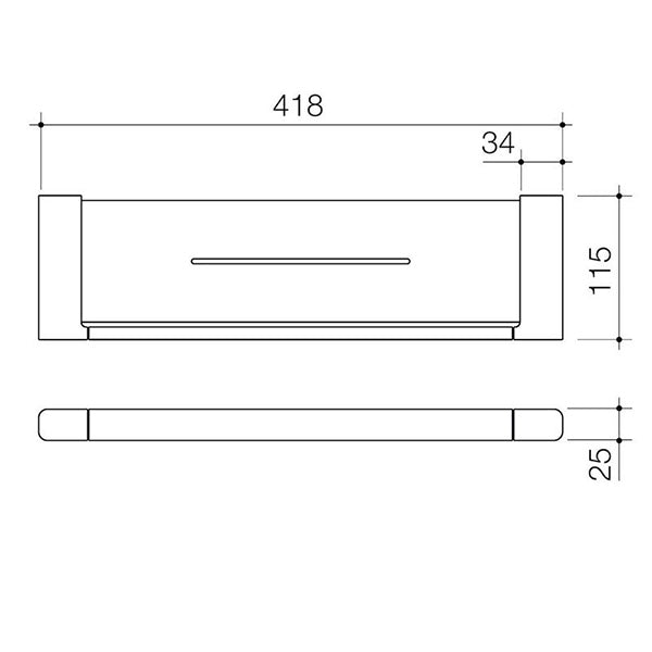 Caroma Luna chrome metal bathroom shelf technical drawing with 418mm width and 115mm height dimensions