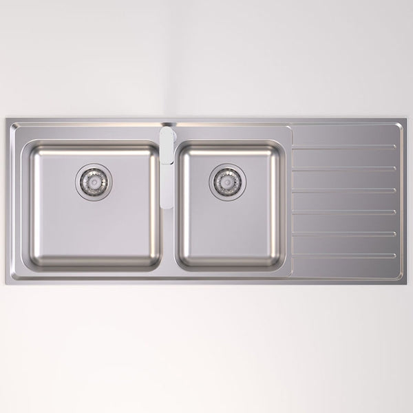 Caroma Luna stainless steel 1.75 bowl undermount kitchen sink with side drainer, top view, left hand bowl layout