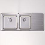Caroma Luna stainless steel 1.75 bowl undermount kitchen sink with side drainer, top view, left hand bowl layout