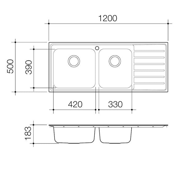 Caroma Luna 1.75 bowl stainless steel kitchen sink technical drawing with side drainer and dimensions, 1200 x 500mm