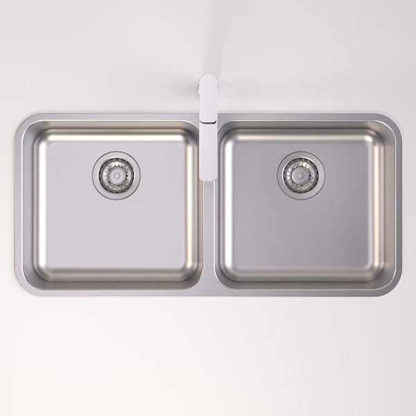 Caroma Luna stainless steel double bowl kitchen sink with two square bowls and basket wastes, top view