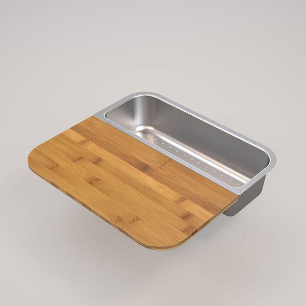 Caroma Luna bamboo board and stainless steel colander set, shown angled on a light background.