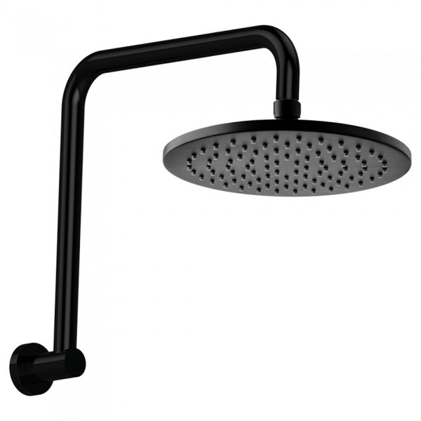 Fienza Hustle round wall arm shower set in matte black with 200mm round rain shower head