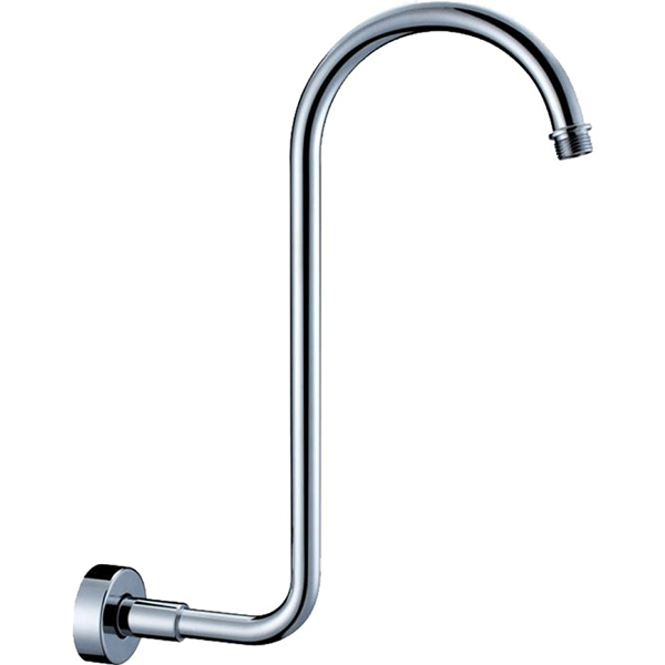 Fienza chrome round swan-neck shower arm with wall flange, shown on white background