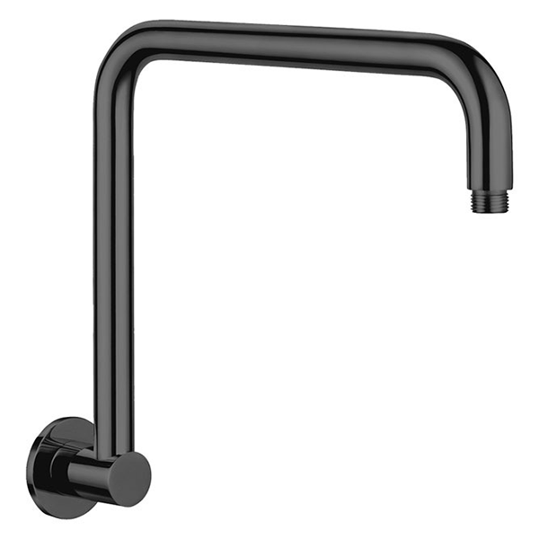 Fienza round fixed gooseneck shower arm in matte black, wall-mounted with rounded profile and flange included