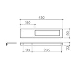 Clark Square hand towel rail technical drawing in matte black, showing 430mm width and integrated shelf