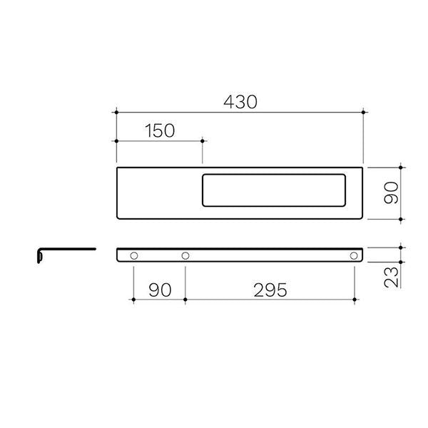 Clark Square hand towel rail technical drawing in matte black, showing 430mm width and integrated shelf