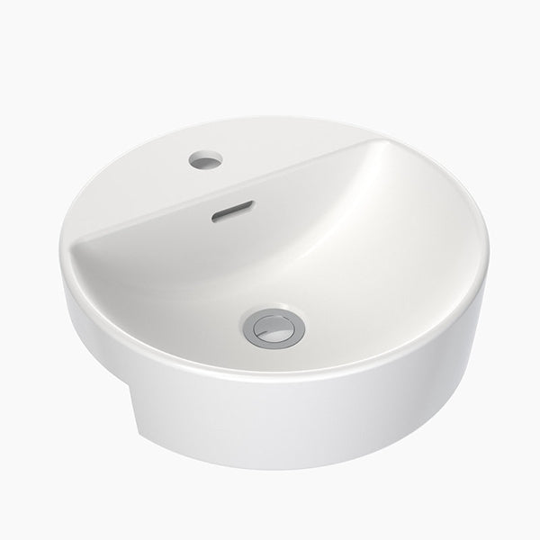 Clark round white semi recessed ceramic basin with overflow and tap hole, front view on white background
