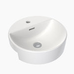 Clark round white semi recessed ceramic basin with overflow and tap hole, front view on white background