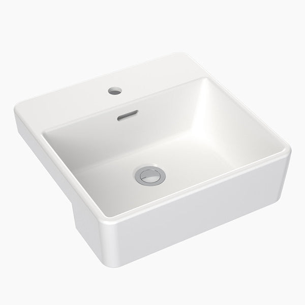 Clark Square white ceramic semi recessed basin, square profile, one taphole, top view