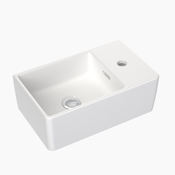 Clark Square white ceramic wall basin with one taphole, shown in angled view
