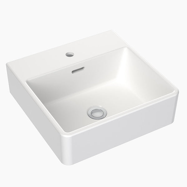 Clark Square white ceramic wall basin, square 400mm with one taphole and overflow, angled view