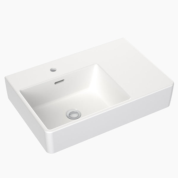 Clark Square white ceramic wall basin, 600mm, right-hand shelf and single taphole, angled view