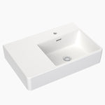 Clark Square white ceramic wall basin with left hand shelf and one taphole, 600mm, angled view