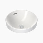 Clark round white ceramic inset basin with overflow and chrome waste hole, front angle on white background