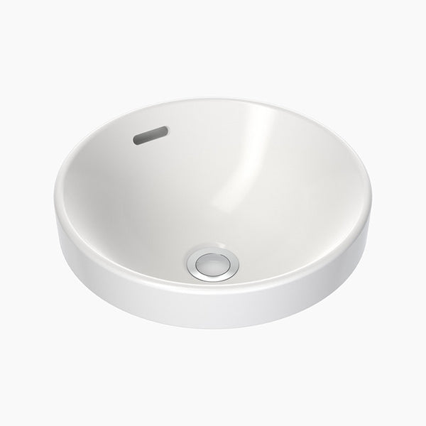 Clark round white ceramic inset basin with overflow and chrome waste hole, front angle on white background
