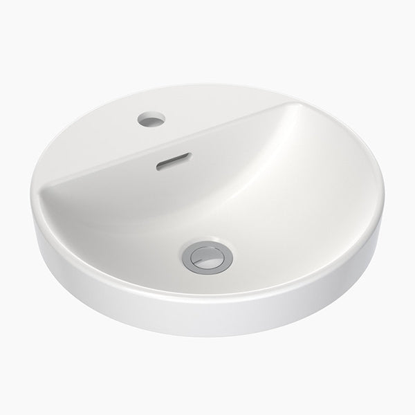 Clark round white ceramic inset basin with tap landing and overflow, 400mm, top view