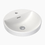 Clark round white ceramic inset basin with tap landing and overflow, 400mm, top view