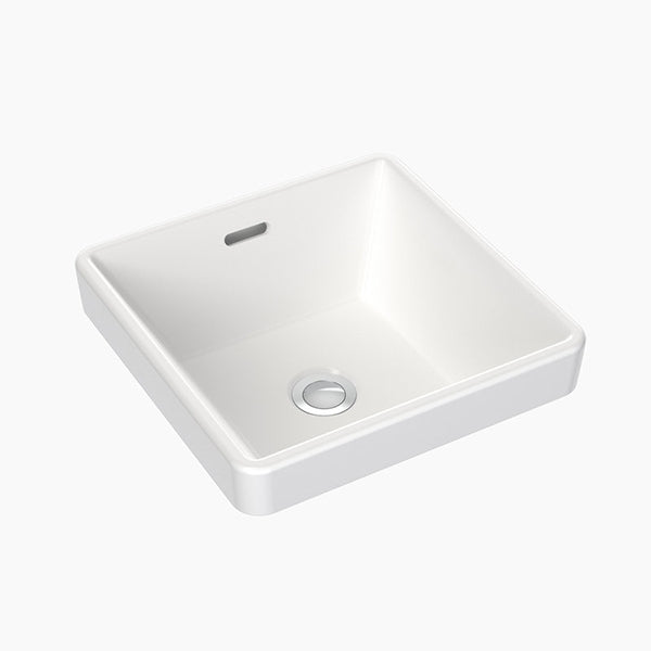 Clark Square inset basin 350mm in white ceramic, square inset bathroom basin with overflow opening, angled view