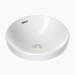 Clark round white ceramic inset basin 400mm with overflow and chrome waste opening, front view