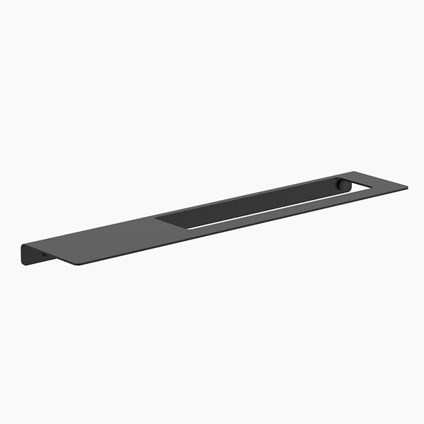 Clark Square matte black hand towel rail with integrated shelf, rectangular wall-mounted bathroom accessory