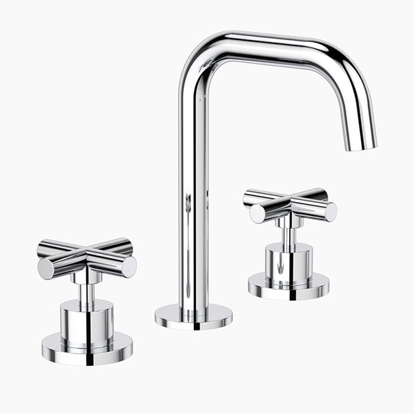 Clark Cross three-piece basin set in chrome with round spout and cross handles, front view on white background