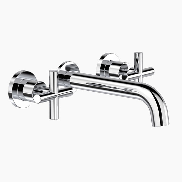 Clark Cross chrome wall basin/bath set with round cross handles and curved spout, 3 piece tapware set