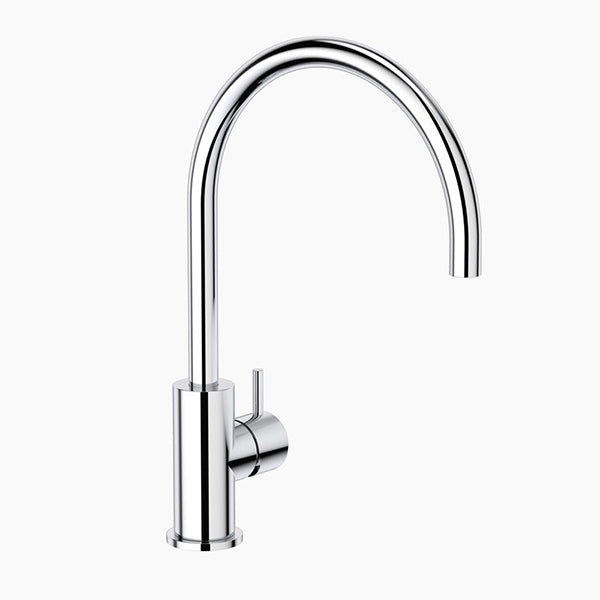 Clark Round Pin chrome gooseneck sink mixer tap with curved spout and round hob-mounted base