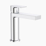 Clark Round Square basin mixer tap in chrome, with a square spout and cylindrical body on a white background