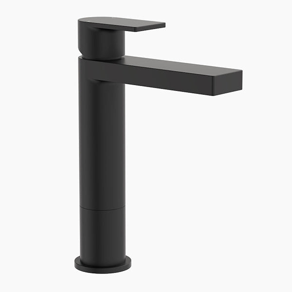 Clark Round Square Tower Basin Mixer in matte black, tall hob-mounted bathroom tap with square spout and lever handle