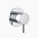 Clark Round Pin wall mixer in chrome, round wall-mounted tap with slender lever and circular backplate.