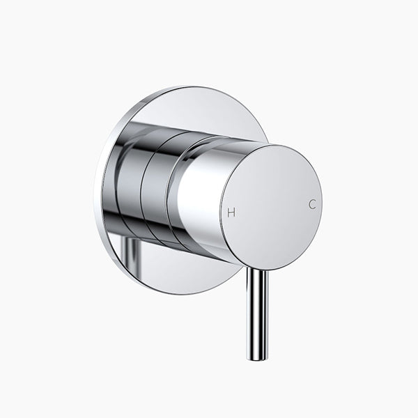 Clark Round Pin wall mixer in chrome, round wall-mounted tap with slender lever and circular backplate.