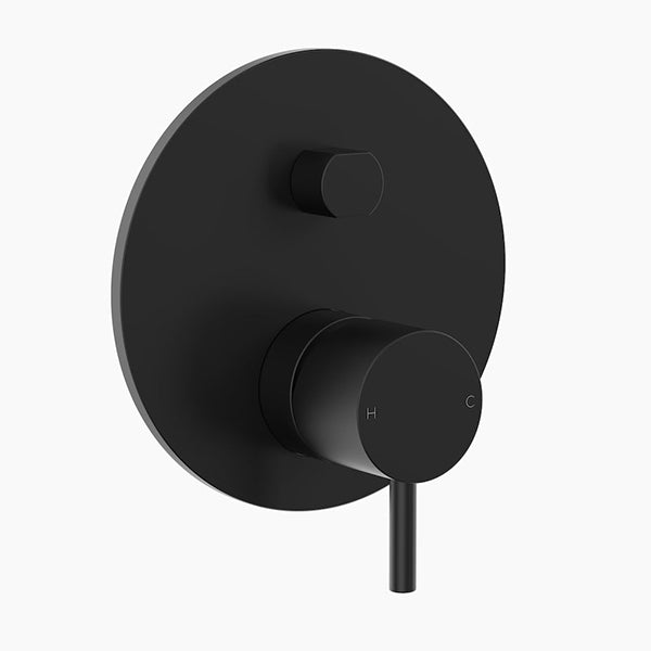 Clark round wall mixer with diverter in matte black, with circular faceplate and pin handle on a white background