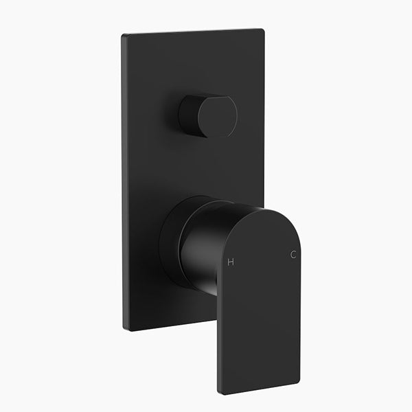 Clark Round Square wall mixer with diverter in matte black, wall-mounted shower and bath tap with rectangular plate and lever handle