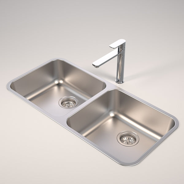 Caroma Luna stainless steel double bowl kitchen sink with chrome mixer tap, rectangular top view