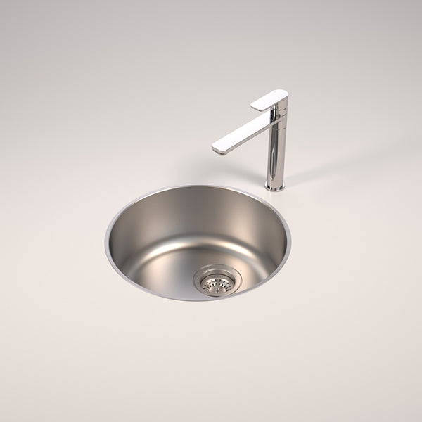 Caroma Luna round stainless steel bowl sink with chrome tap, overmount shown in a clean benchtop setting