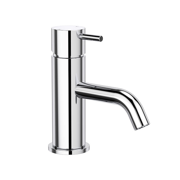 Clark Round Lead Free Pin Basin Mixer in chrome, with round cylinder body, pin lever and curved spout, front view