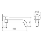 Clark round swivel bath outlet technical drawing in chrome, side and front views with 220mm reach dimensions
