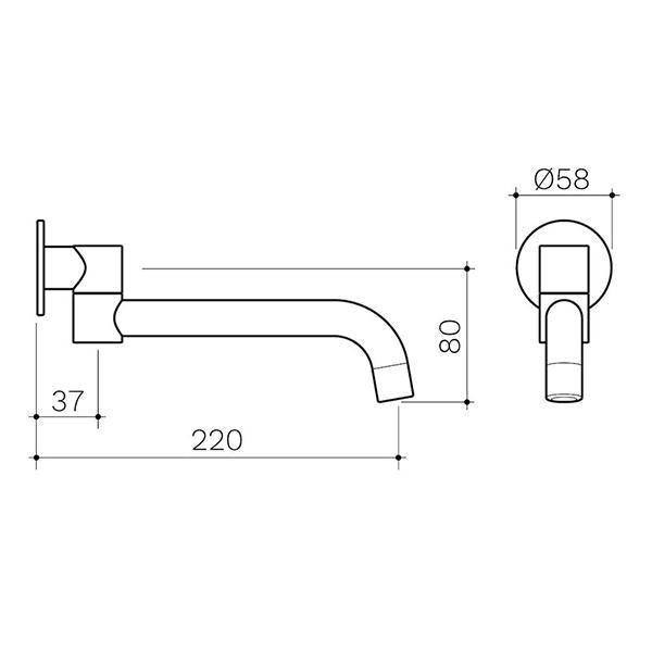 Clark round swivel bath outlet technical drawing in chrome, side and front views with 220mm reach dimensions