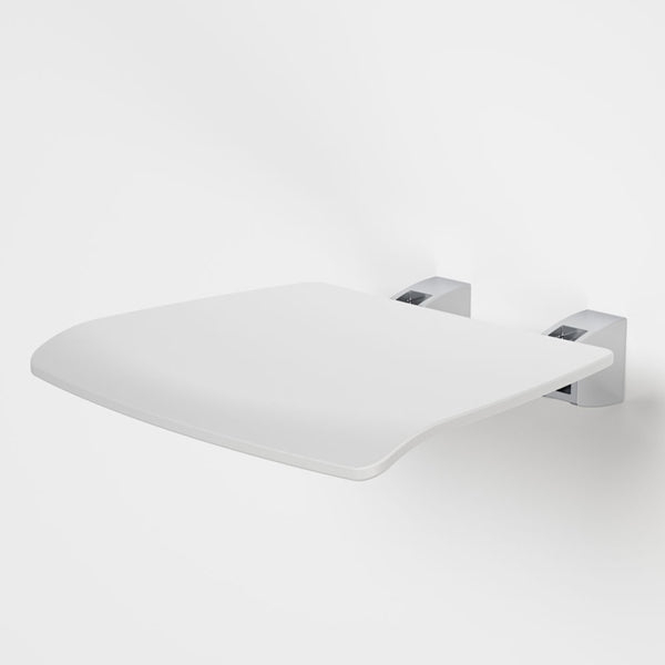 Caroma Opal folding shower seat in white, wall-mounted with flat folding seat and concealed brackets