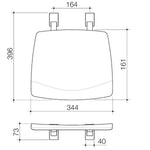 Caroma Opal folding shower seat in white, shown in technical front and side views with dimensions.