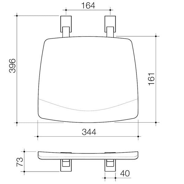 Caroma Opal folding shower seat in white, shown in technical front and side views with dimensions.