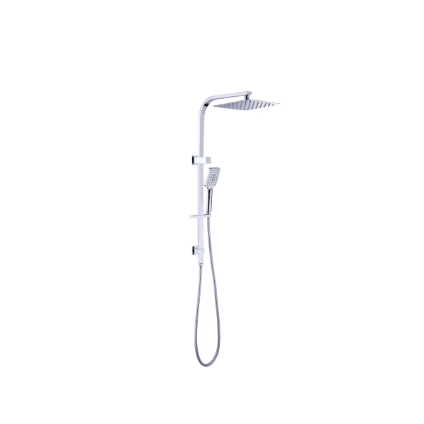 Nero Celia square twin rail shower set in chrome, with overhead rain shower and handheld on wall rail