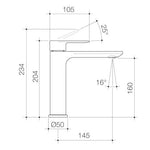 Technical drawing of Caroma Urbane II mid tower basin mixer tap in chrome, side view with dimensions and 25° spout angle