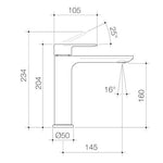 Technical drawing of Caroma Urbane II mid tower basin mixer in gunmetal, showing dimensions and spout angle