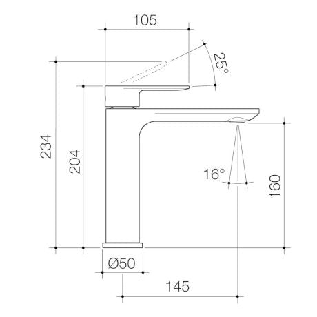 Technical drawing of Caroma Urbane II mid tower basin mixer tap in brushed nickel, with dimensions and side view measurements