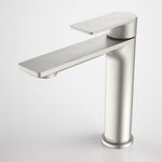 Caroma Urbane II mid tower basin mixer in brushed nickel, single lever tap on white background