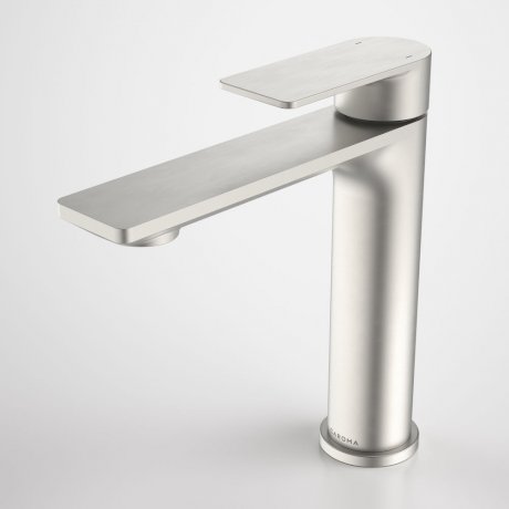 Caroma Urbane II mid tower basin mixer in brushed nickel, single lever tap on white background