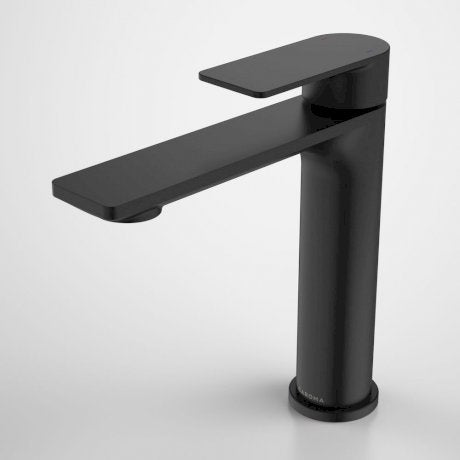 Caroma Urbane II mid tower basin mixer in matte black, shown on a plain background from a front angle